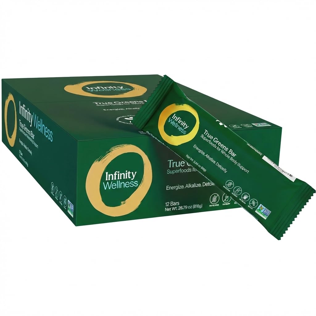 Infinity Greens bars packaging on-the-go, highlighting 4000mg greens and organic ingredients.