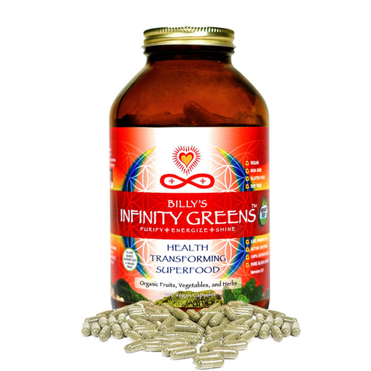 Infinity Greens bottle with capsules for convenient daily energy support.