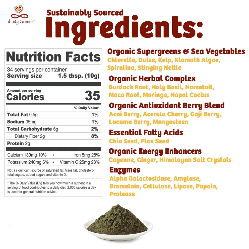 Infinity Greens glass with mixed drink emphasizing convenient daily nutrition