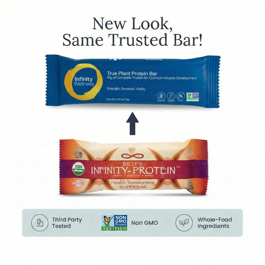 Close-up of Infinity Greens protein bar ingredients for plant-based nutrition