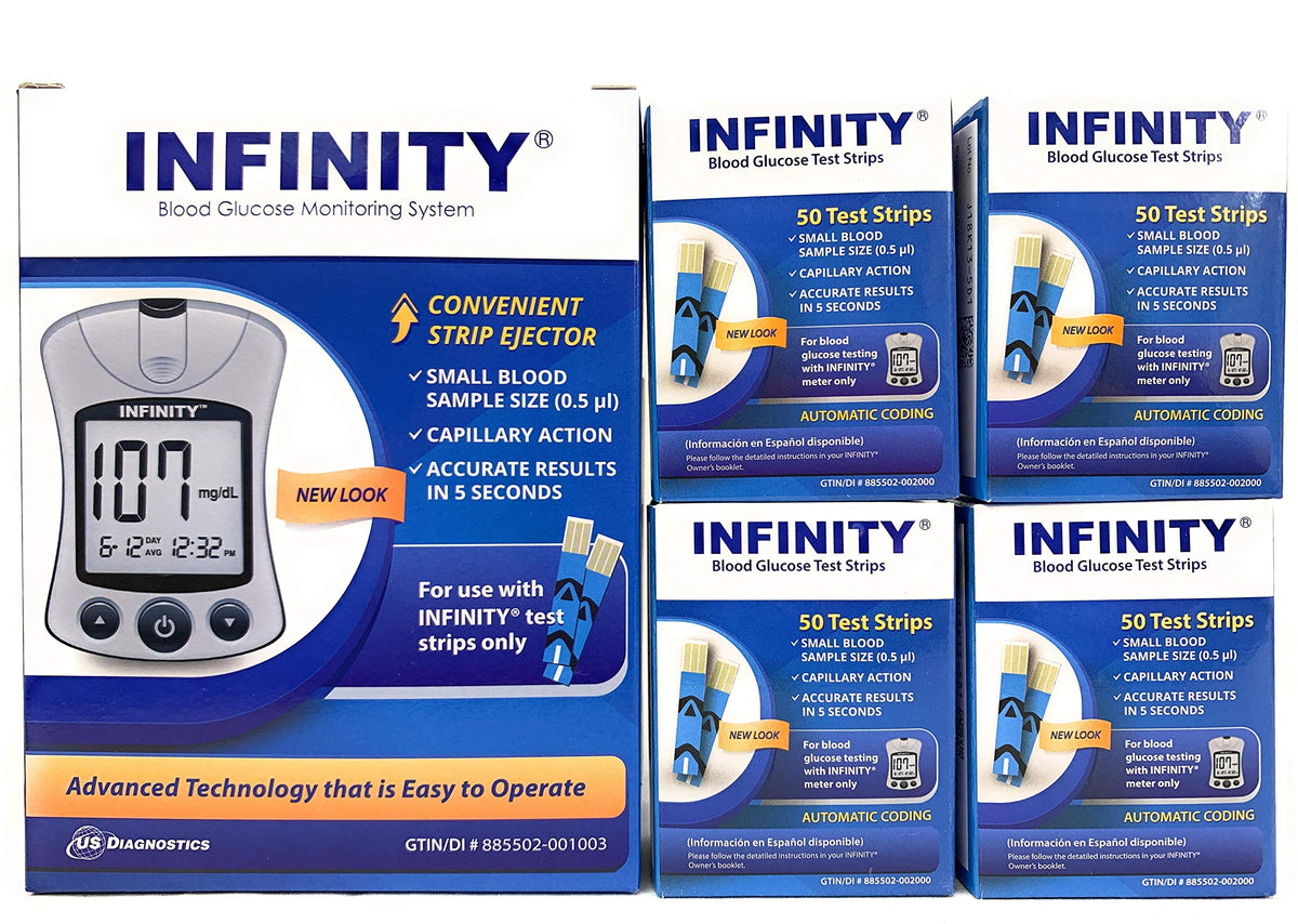 Infinity Meter with 200 test strips offers quick, convenient testing.