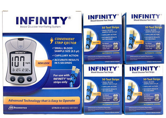 Infinity Meter with 200 test strips offers quick, convenient testing.