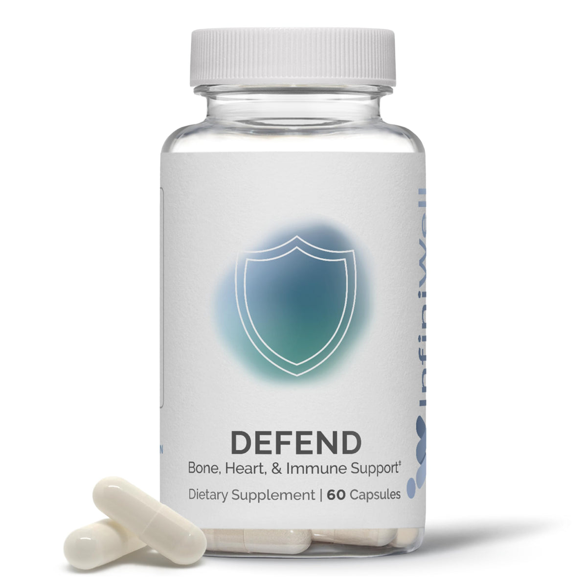 InfiniWell Defend bottle front view with capsules for daily immune and bone support.