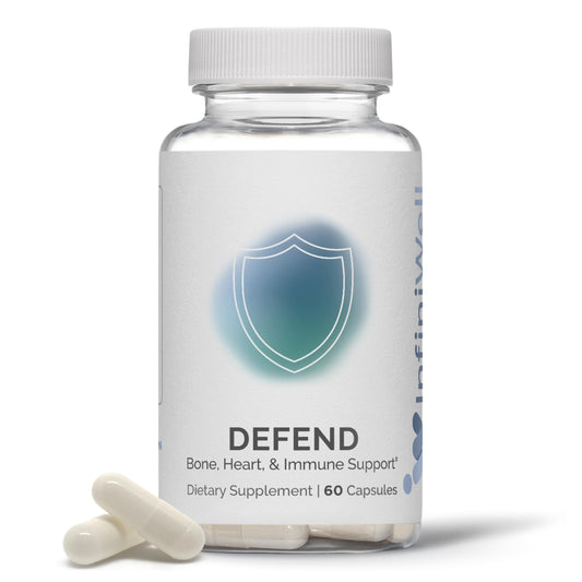 InfiniWell Defend bottle front view with capsules for daily immune and bone support.