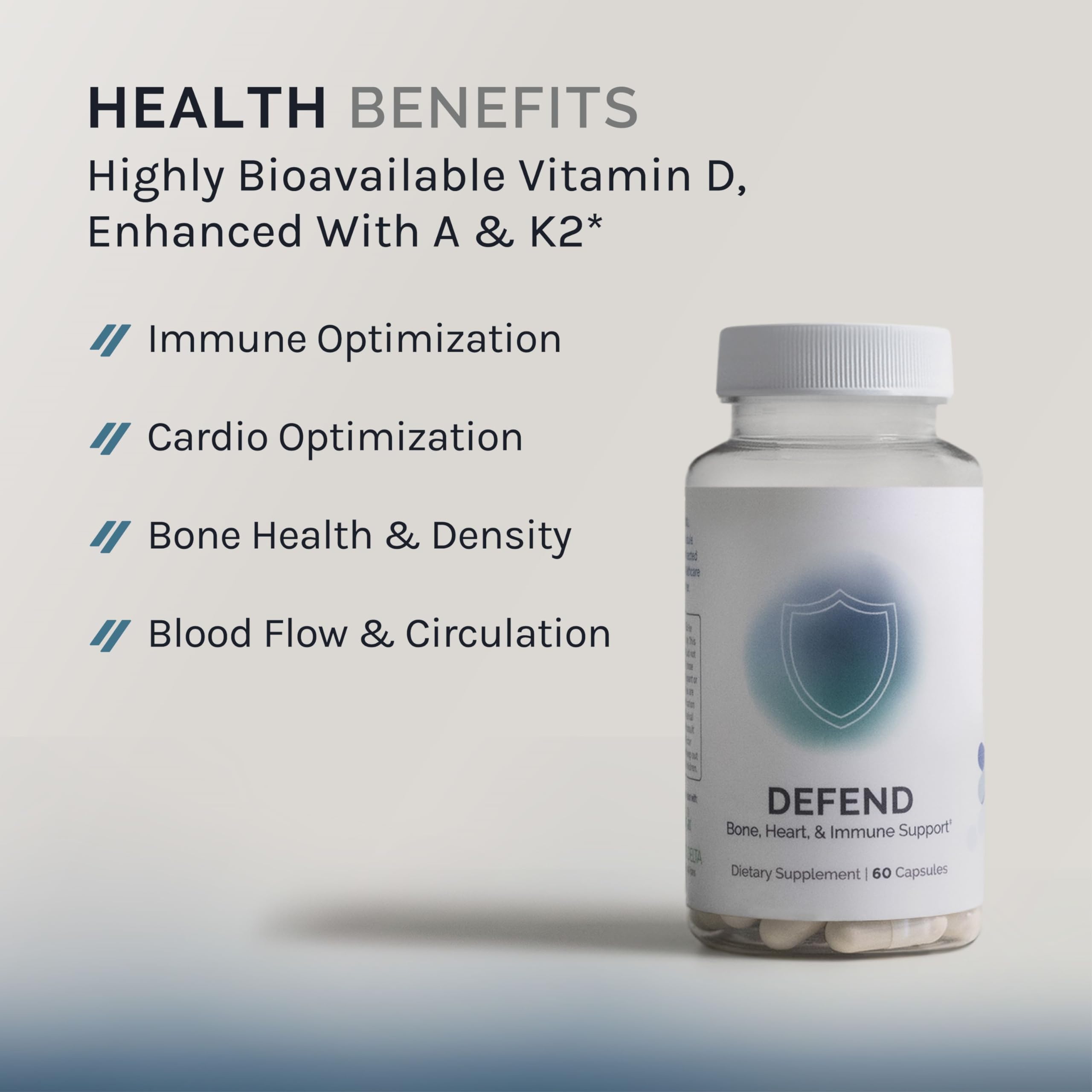 InfiniWell Defend bottle label close-up showing vitamins A, D3, K2 for bone health.