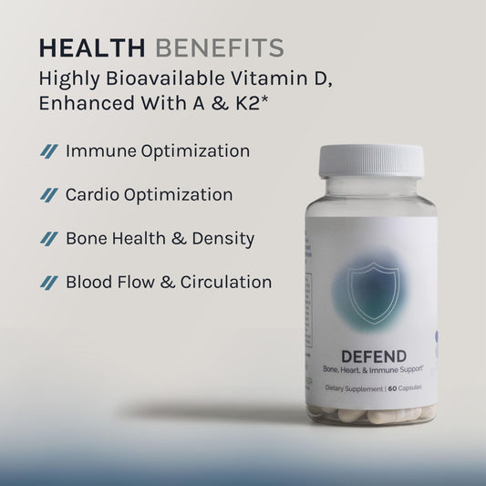 InfiniWell Defend bottle label close-up showing vitamins A, D3, K2 for bone health.