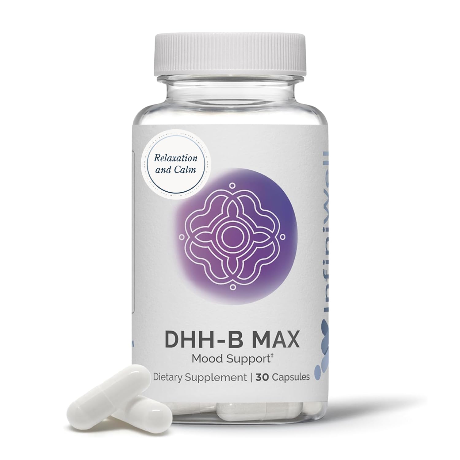 InfiniWell DHH-B Max bottle front communicates daily calm mood support.