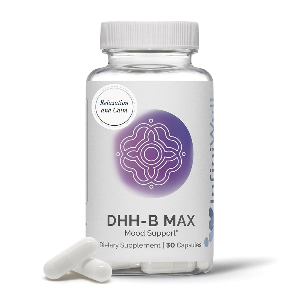 InfiniWell DHH-B Max bottle front communicates daily calm mood support.
