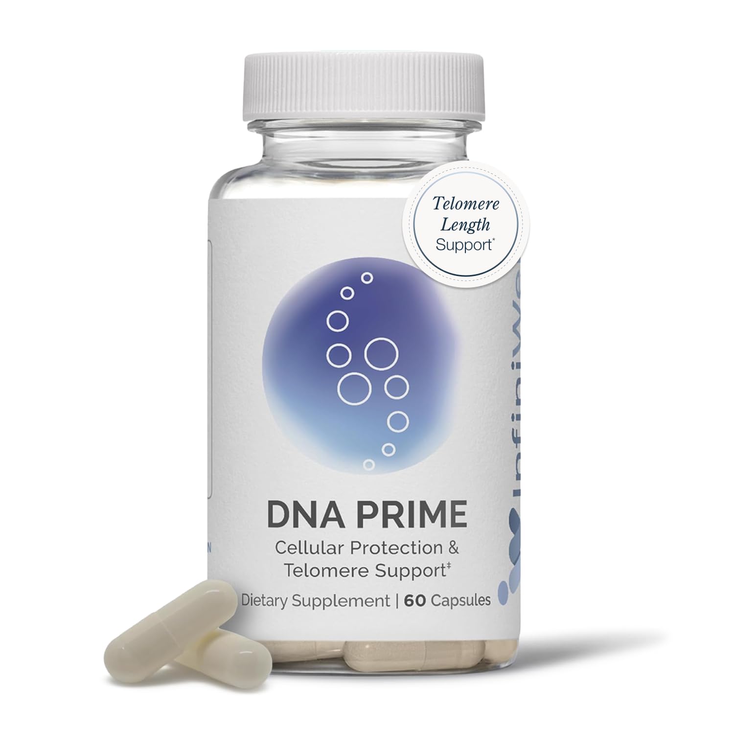 InfiniWell DNA Prime bottle label emphasizes premium packaging for daily use.