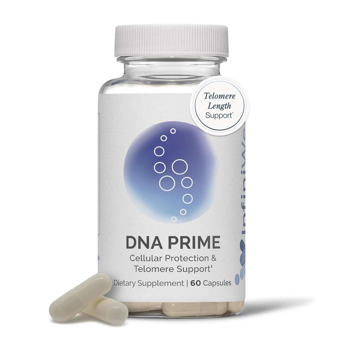 InfiniWell DNA Prime bottle label emphasizes premium packaging for daily use.
