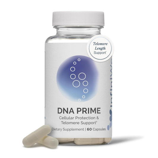 InfiniWell DNA Prime bottle label emphasizes premium packaging for daily use.