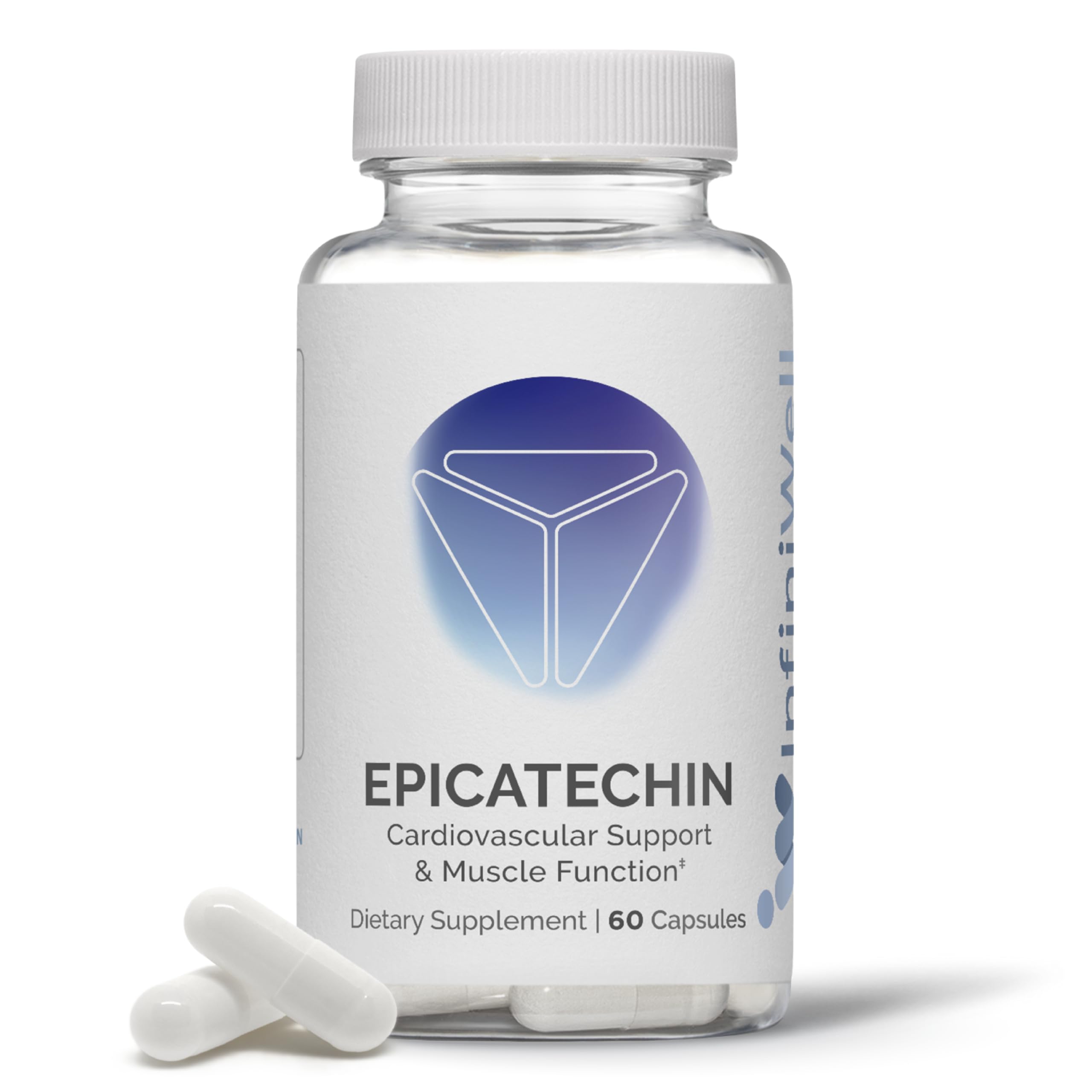 InfiniWell Epicatechin bottle on a gym bench suggesting muscle support potential.