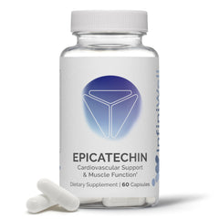 InfiniWell Epicatechin bottle on a gym bench suggesting muscle support potential.