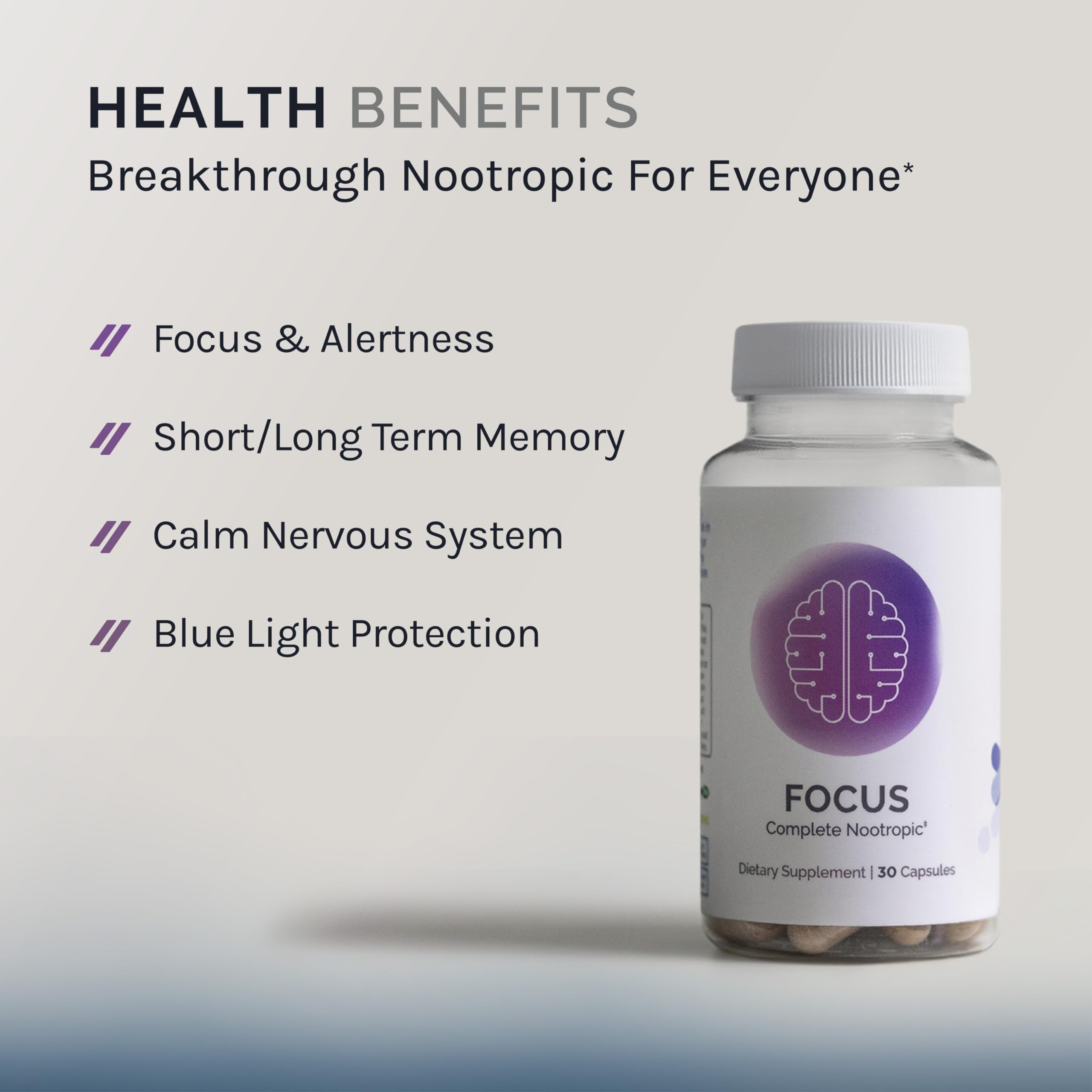 InfiniWell Focus bottle highlighting RhodioPrime 6X for attention and memory.