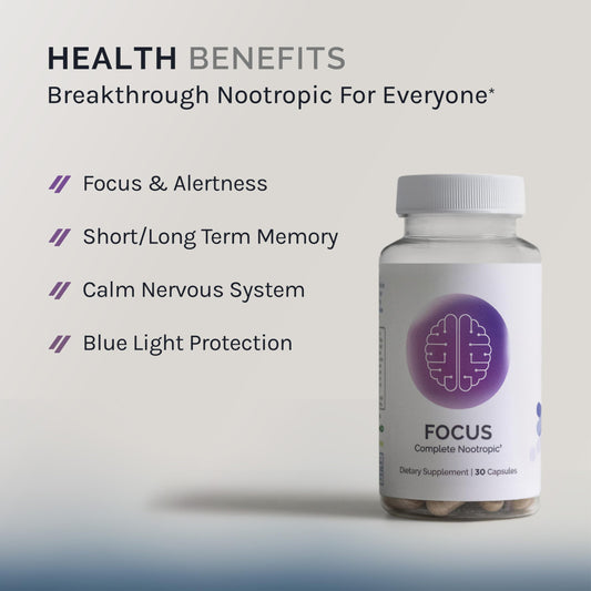 InfiniWell Focus bottle highlighting RhodioPrime 6X for attention and memory.