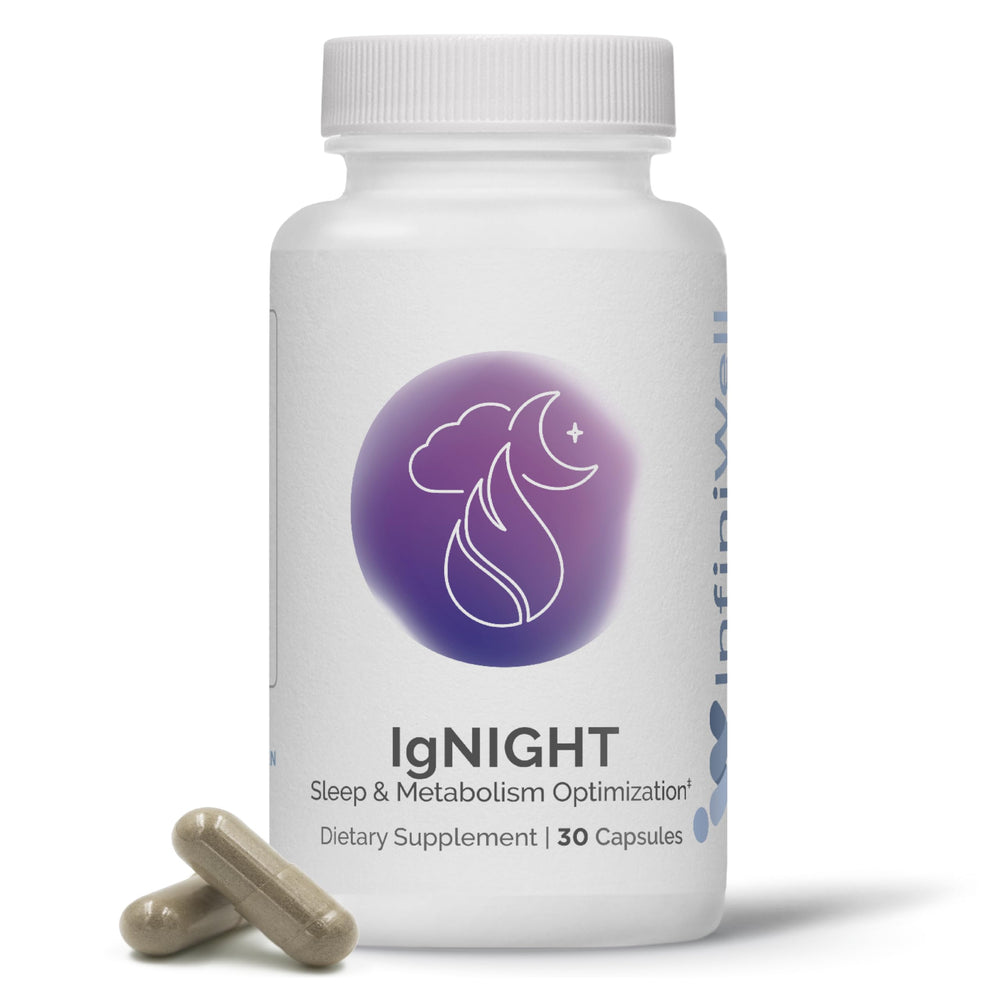 InfiniWell IgNIGHT bottle with capsules for nightly relaxation and metabolic support