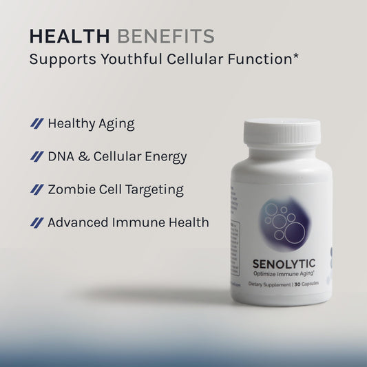 InfiniWell Senolytic bottle with label closeup signals trusted daily health support.