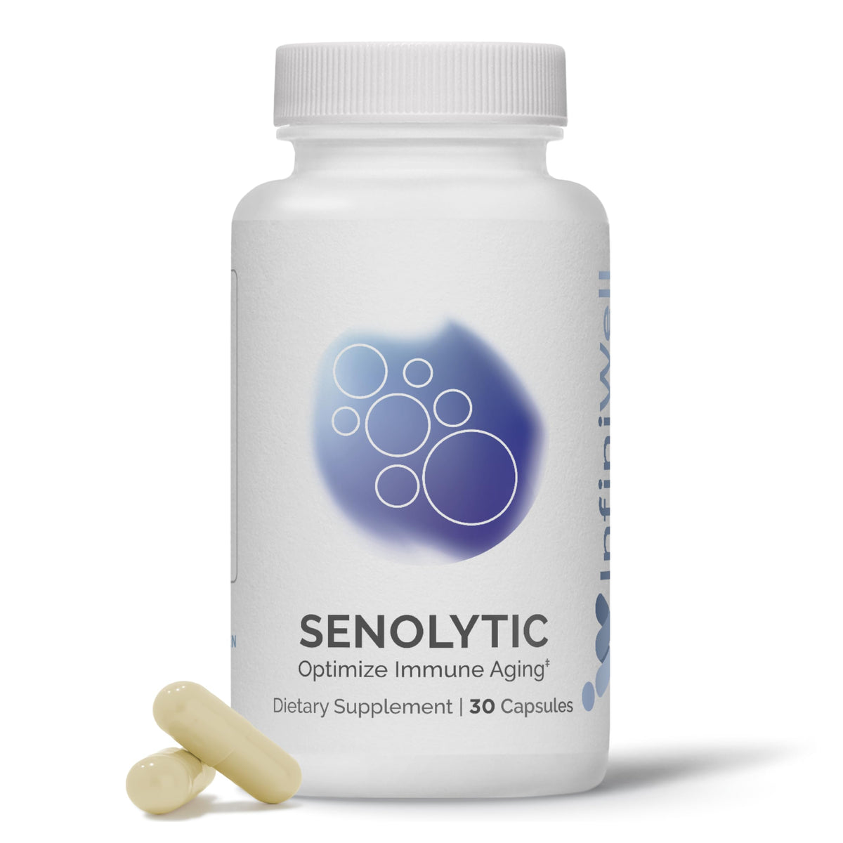 InfiniWell Senolytic capsules 30 count on display for daily longevity support.