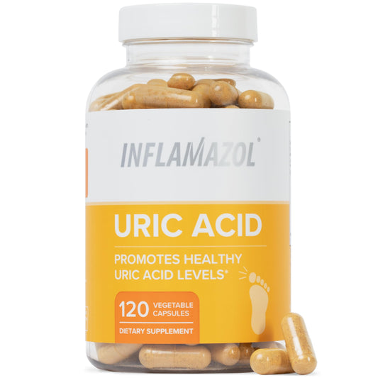 Inflamazol Uric Acid Cleanse bottle with capsules supporting daily uric acid balance.
