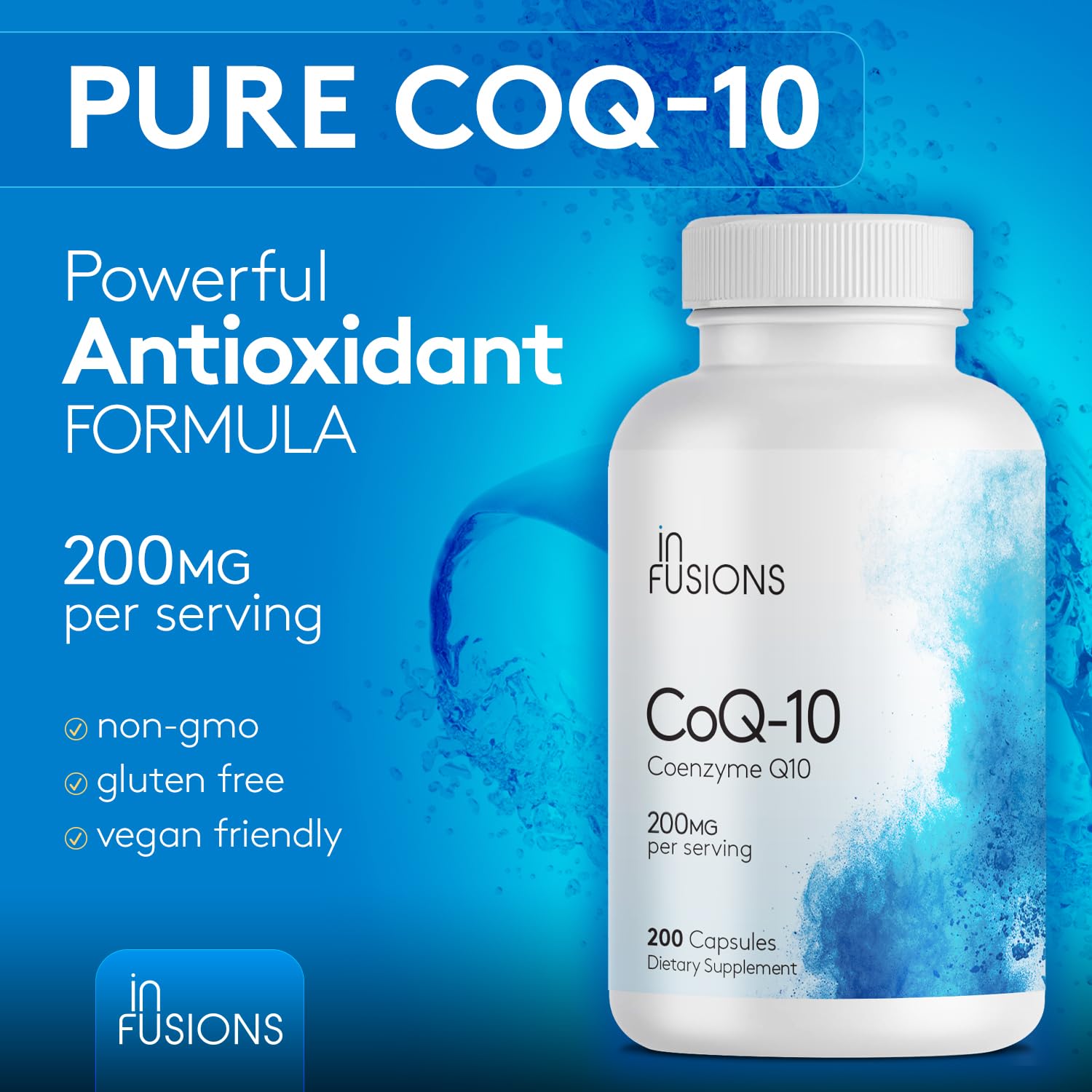 Infusions International CoQ10 capsules close-up emphasizing premium ingredients.
