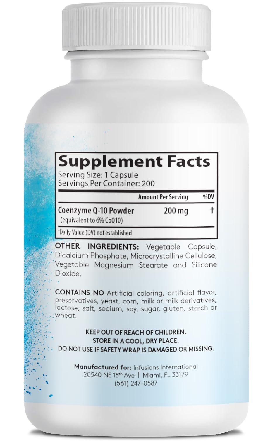 Infusions International CoQ10 label closeup, vegan, gluten-free, and non-GMO promise.