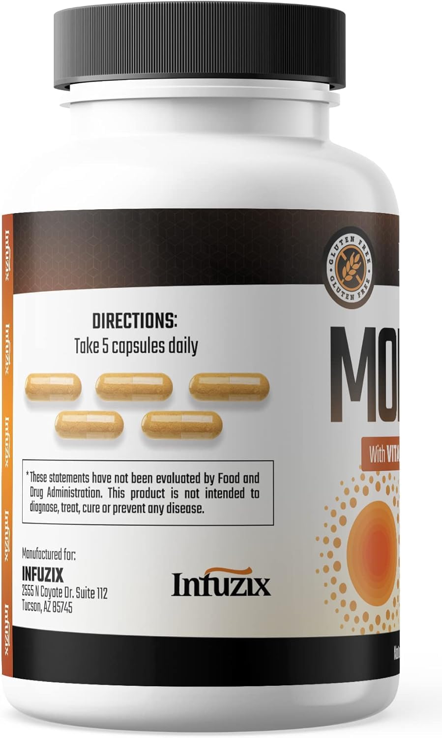 Infuzix Moderex daily routine graphic shows five-capsule schedule.