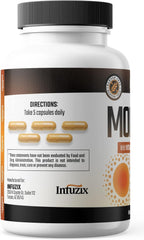 Infuzix Moderex daily routine graphic shows five-capsule schedule.