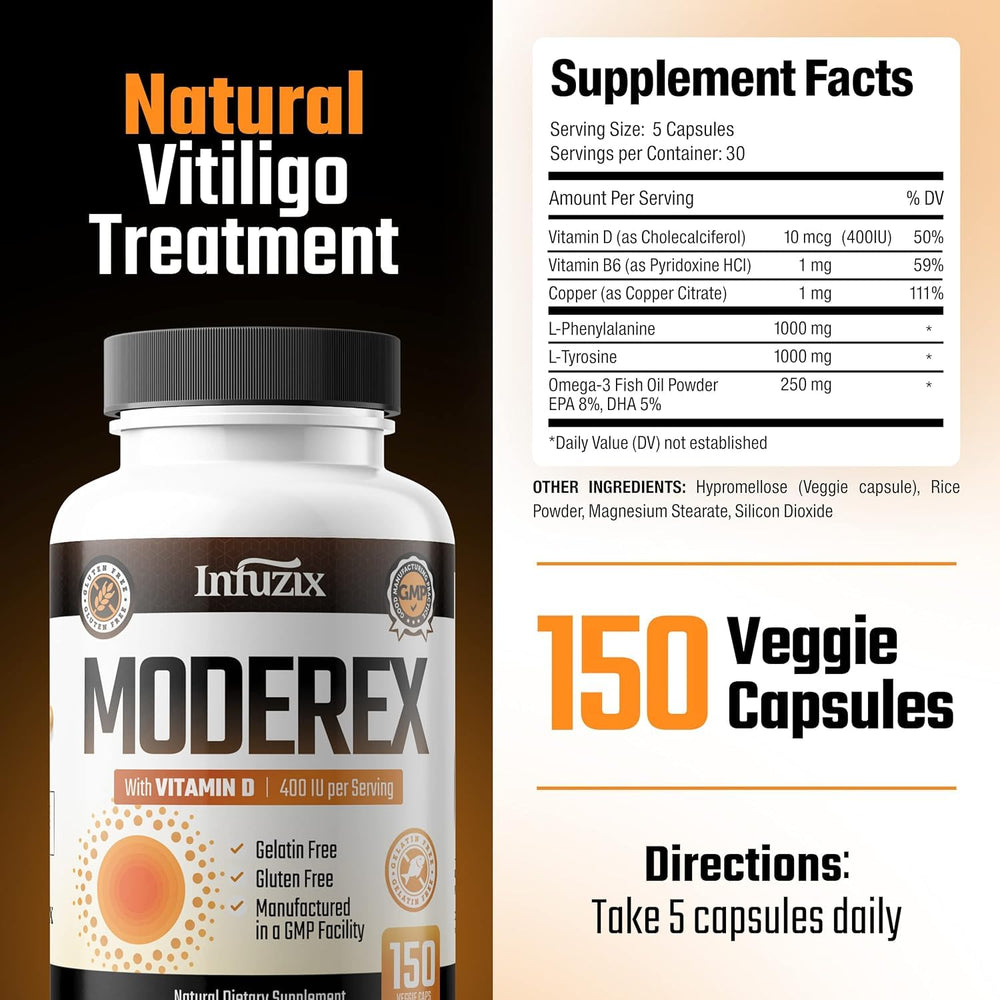 Infuzix Moderex ingredients panel lists vitamin D, B6, and copper.