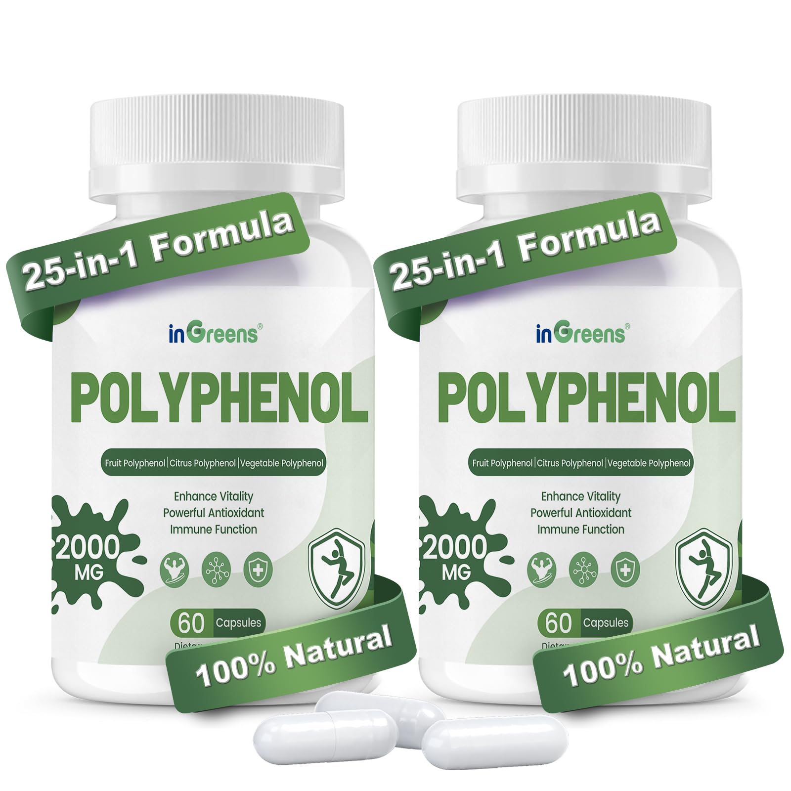 inGreens 25-in-1 Polyphenols bottle front communicates a plant powered daily vitality option.