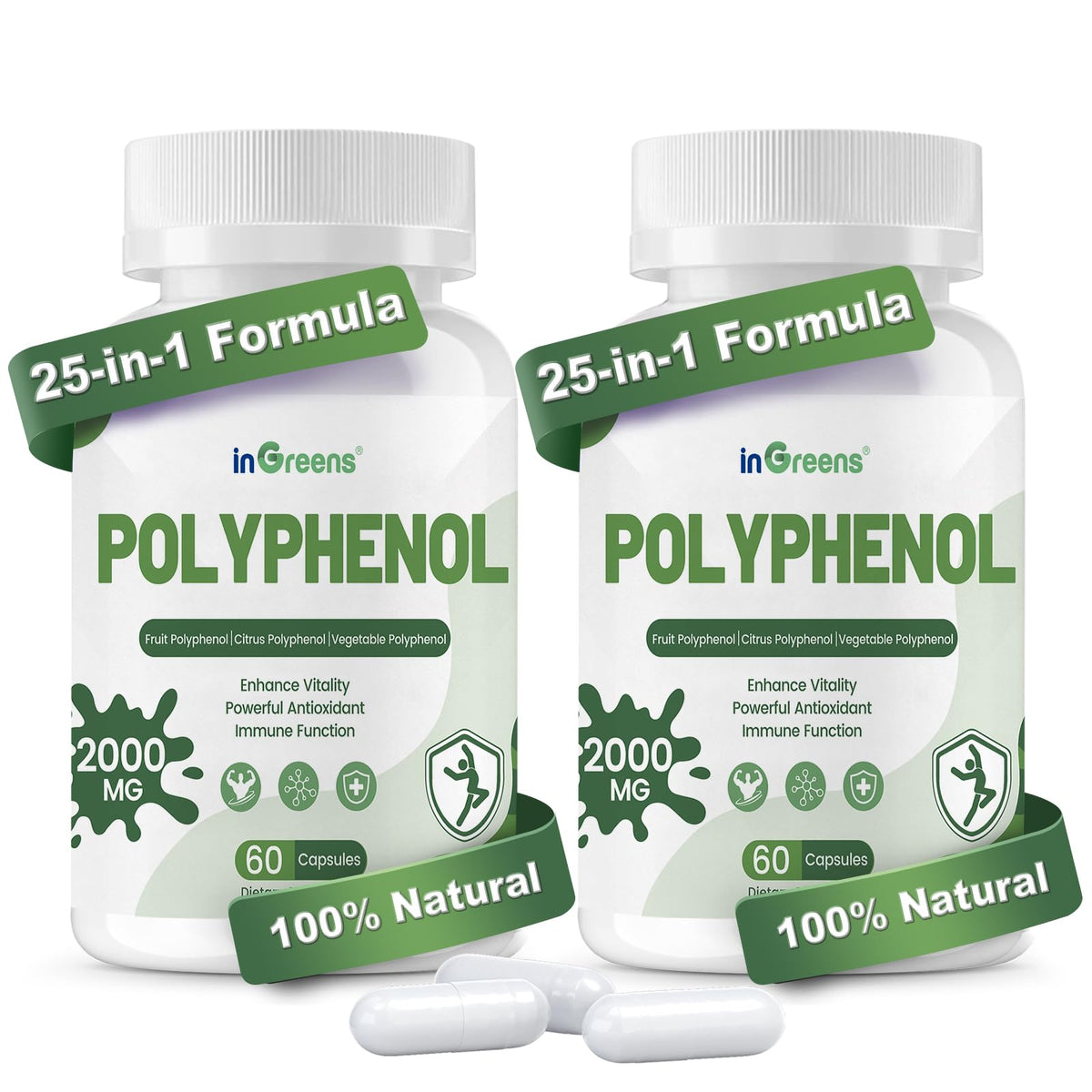 inGreens 25-in-1 Polyphenols bottle front communicates a plant powered daily vitality option.