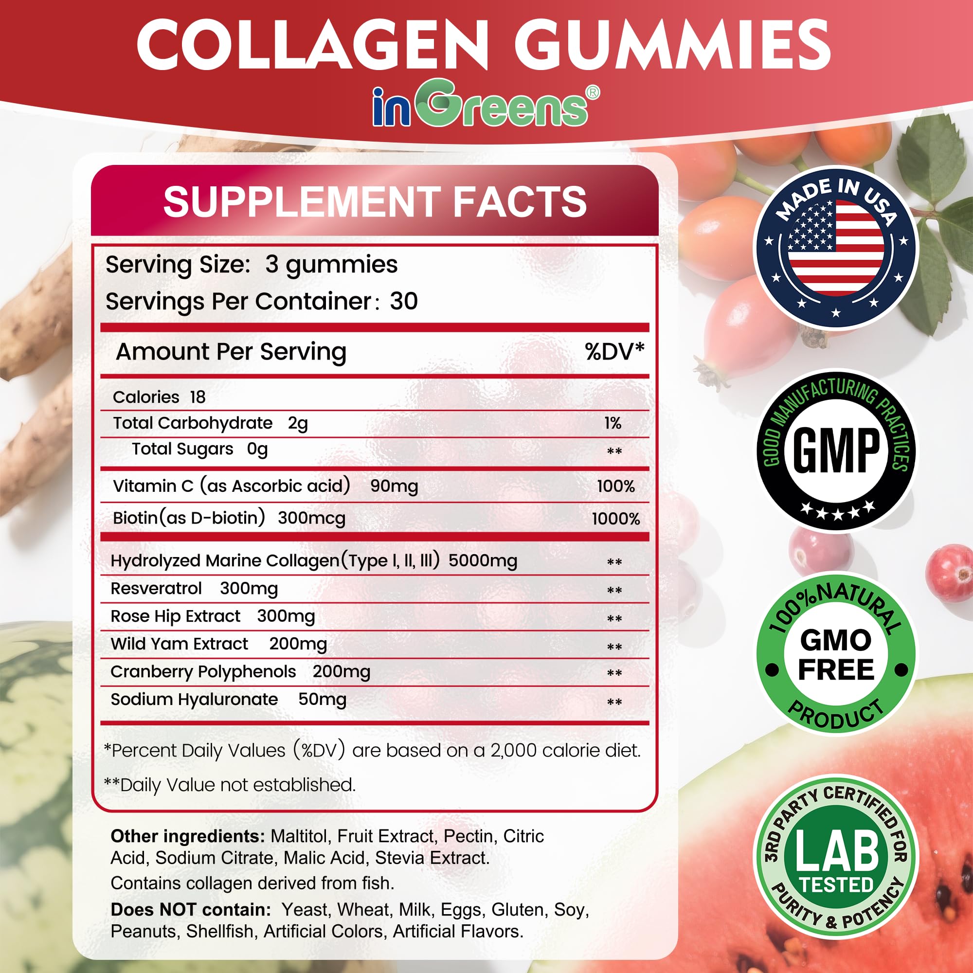 Ingredients panel on ingreens collagen gummies highlighting biotin and hyaluronic acid