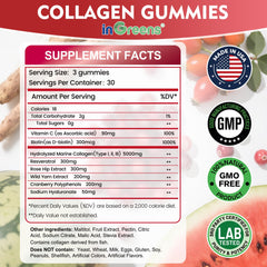 Ingredients panel on ingreens collagen gummies highlighting biotin and hyaluronic acid