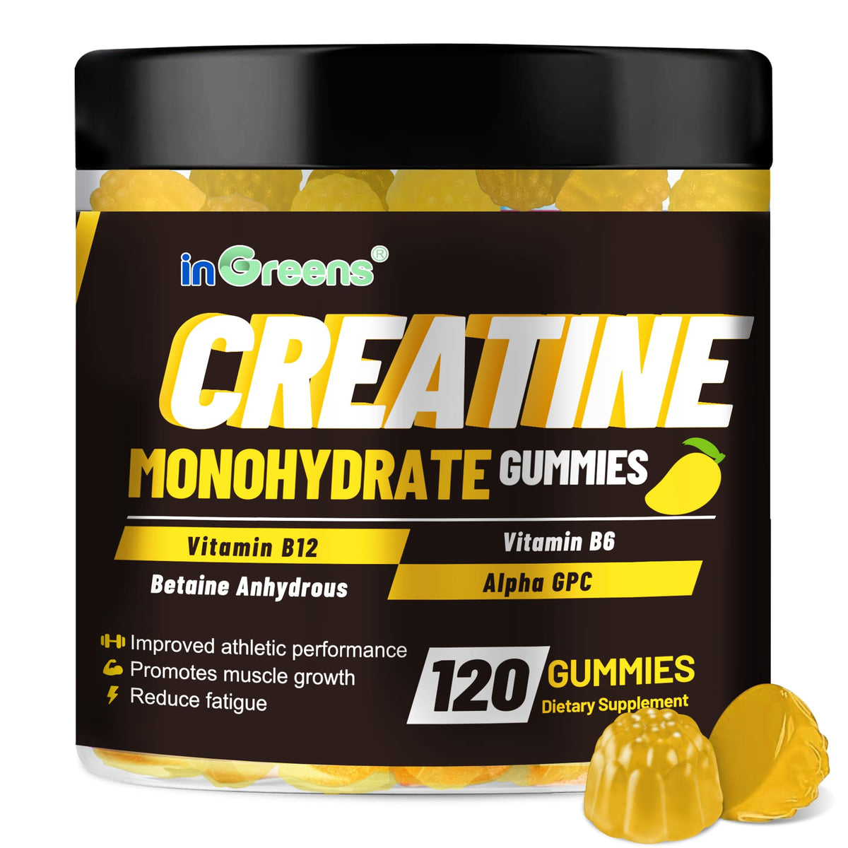 inGreens Creatine Monohydrate Gummies bottle with berry flavor for on-the-go workouts