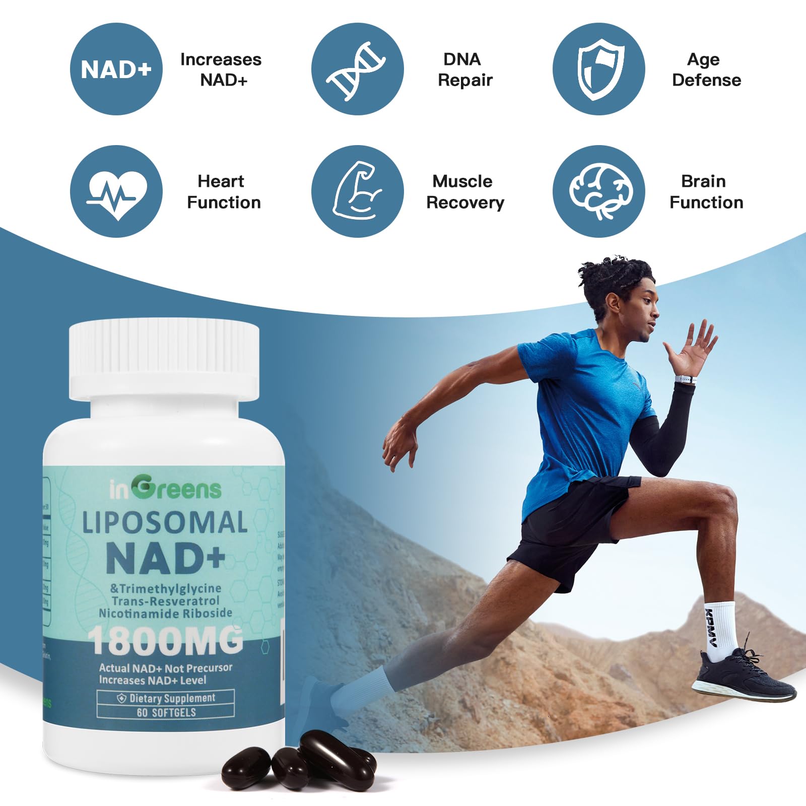 ingreens Liposomal NAD+ plus packaging box and bottle for product overview