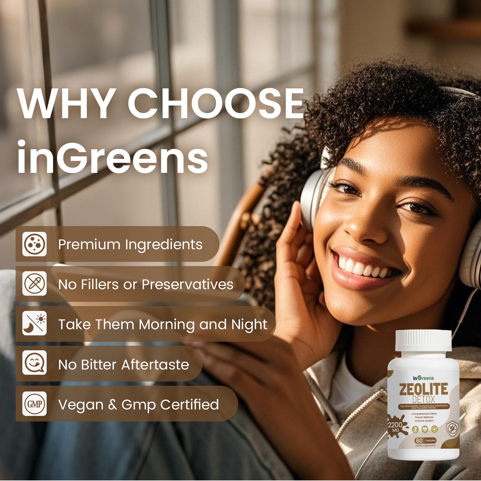 inGreens Zeolite Detox capsules closeup shows activated charcoal and clay blend