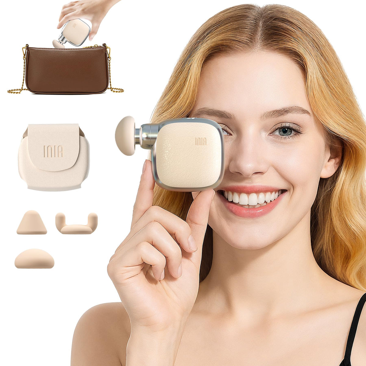 INIA PocketForce Mini Massage Gun front view, travel-ready relief on demand.