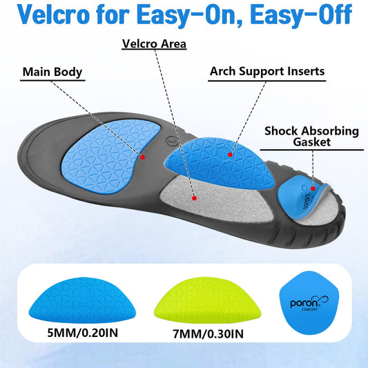 Inmoredo adjustable orthotic insoles with a 7mm arch pad for firmer support.