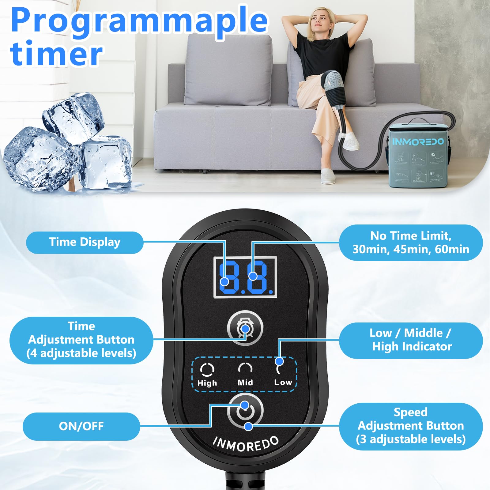 Inmoredo Cold Therapy Machine compression-pad wrapped around joints for targeted cooling.
