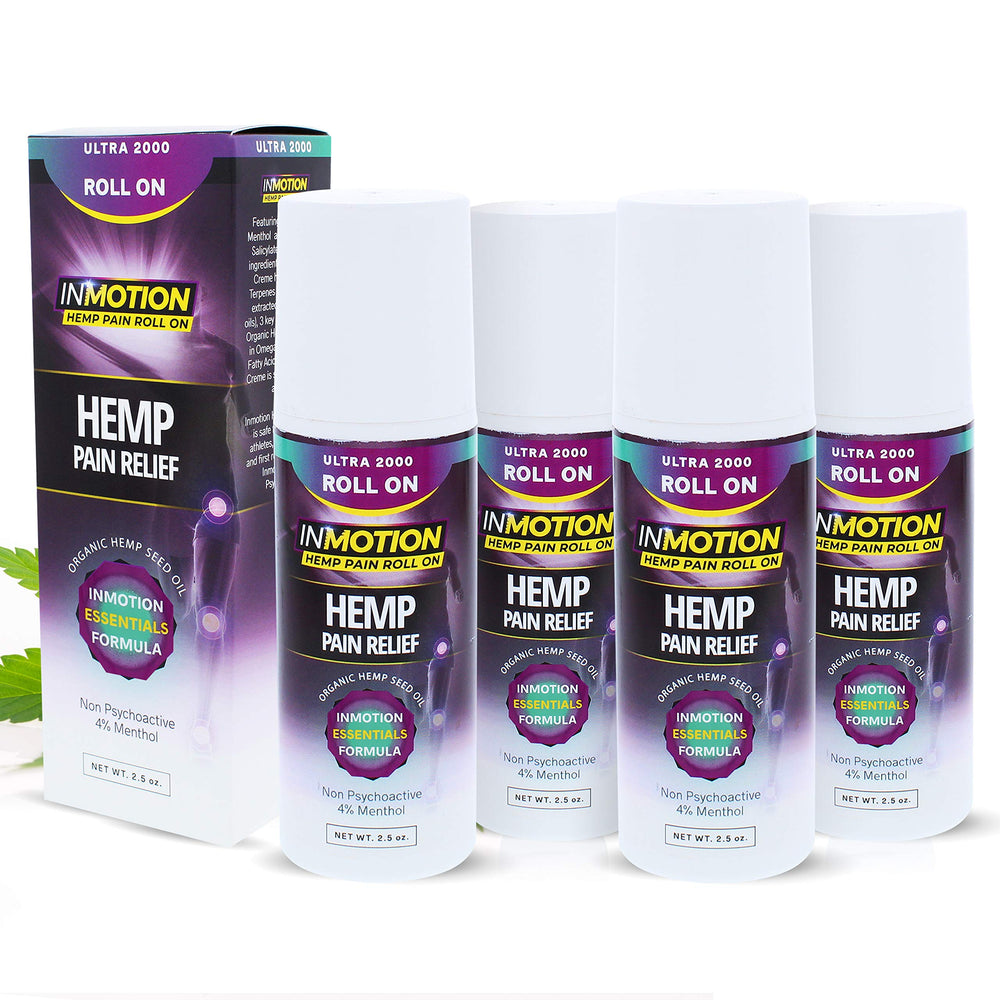 InMotion Hemp Roll On for Pain 4-pack box for easy storage and quick relief.