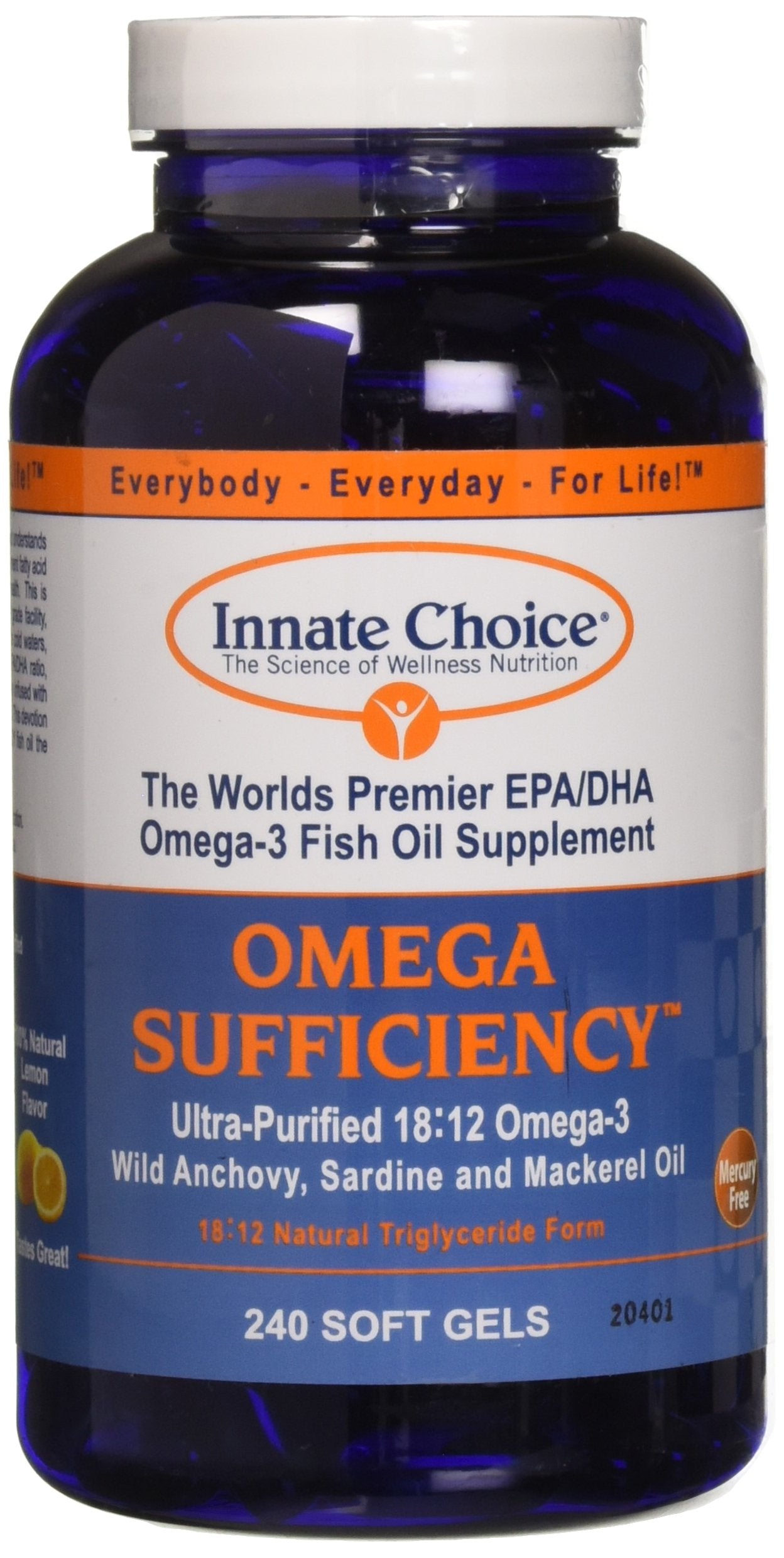 Innate Choice Omega Sufficiency Lemon bottle on kitchen counter for daily omega intake.