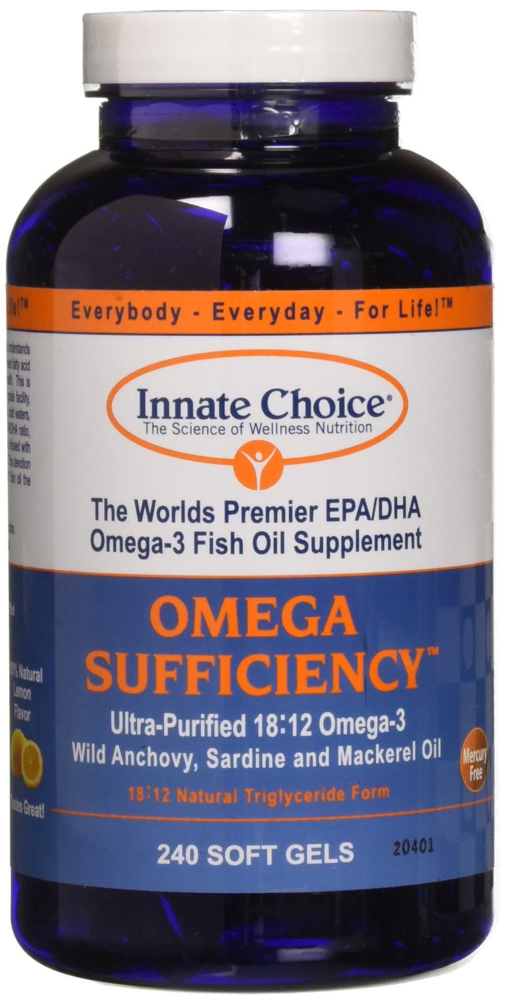 Innate Choice Omega Sufficiency Lemon bottle on kitchen counter for daily omega intake.