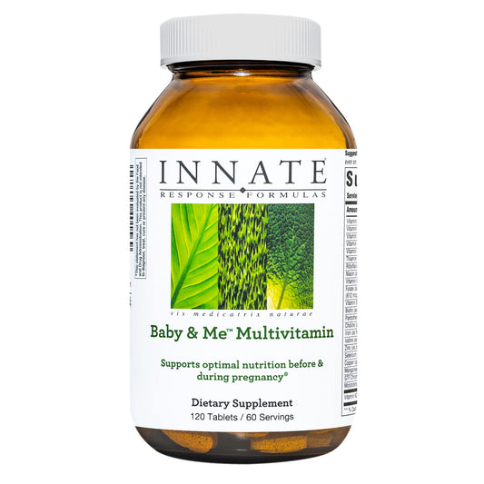 Innate Response Baby & Me multivitamin bottle supports prenatal nutrition on the go.