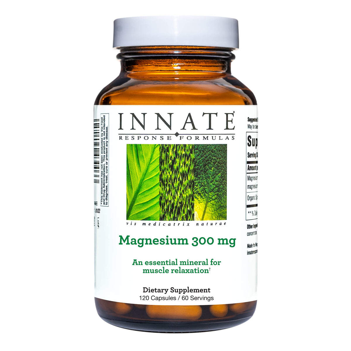 INNATE Magnesium 300 mg bottle cap close-up, easy-to-take capsules designed to support daily muscle function.