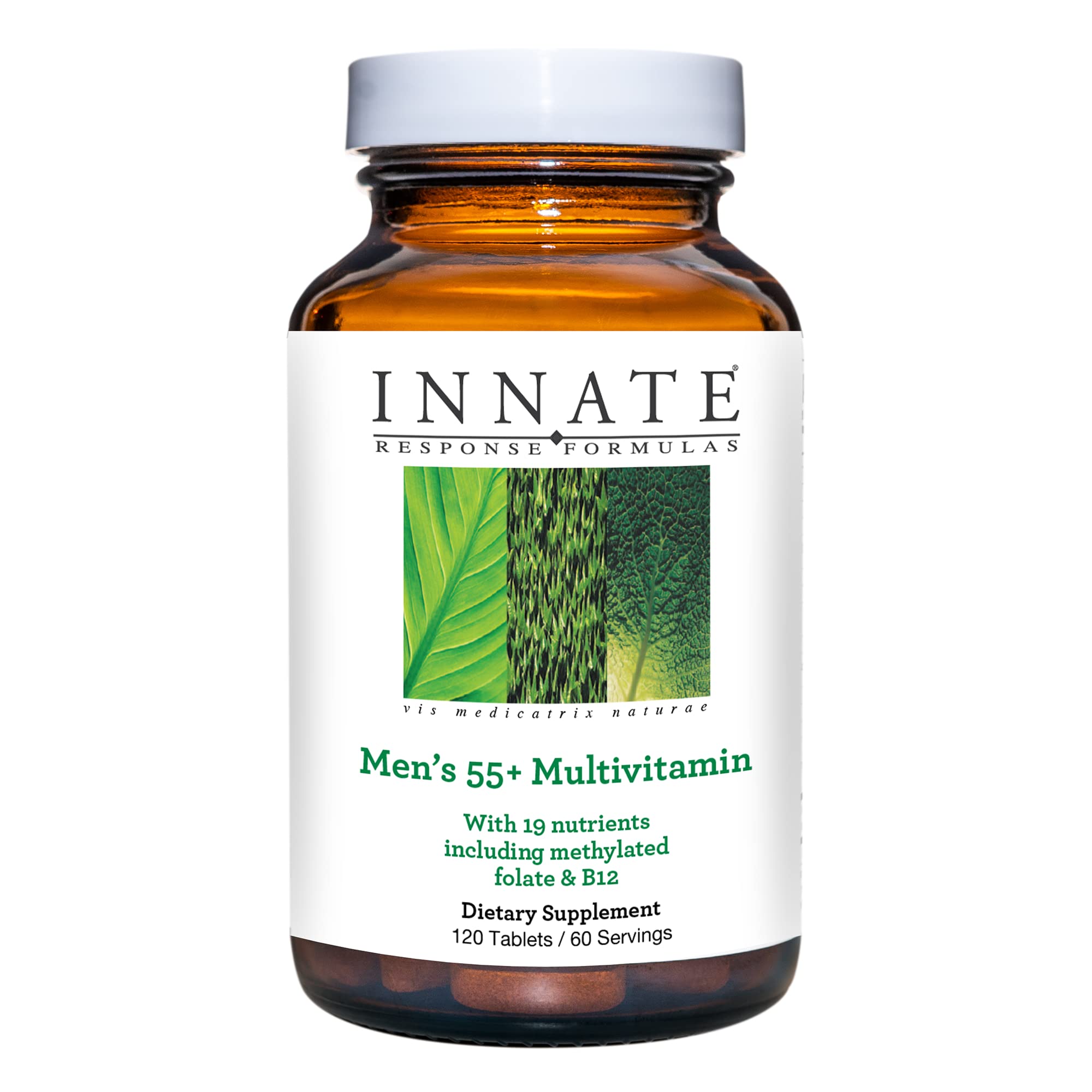 Innate Response Formulas Men’s 55+ multivitamin bottle on shelf, two-tablet daily dose noted.