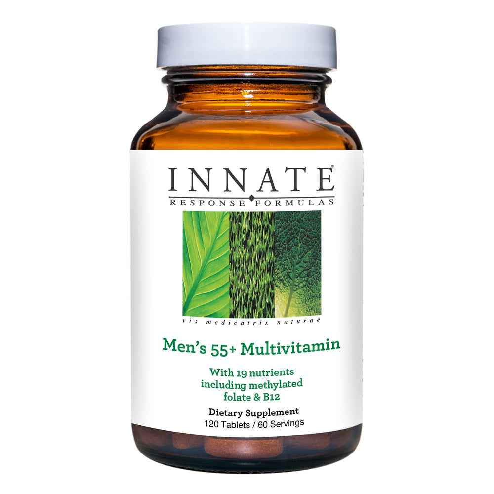 Innate Response Formulas Men’s 55+ multivitamin bottle on shelf, two-tablet daily dose noted.