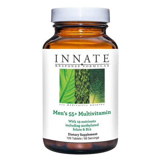 Innate Response Formulas Men’s 55+ multivitamin bottle on shelf, two-tablet daily dose noted.