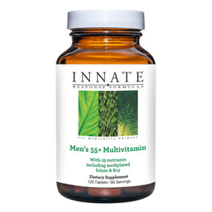 Innate Response Formulas Men’s 55+ multivitamin bottle on shelf, two-tablet daily dose noted.