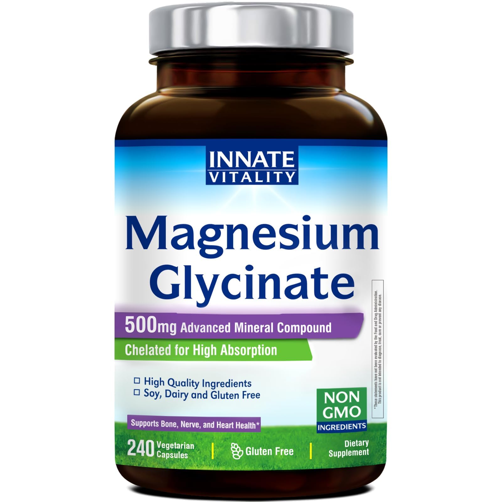 Innate Vitality Magnesium Glycinate bottle front, high absorption formula for daily wellness.