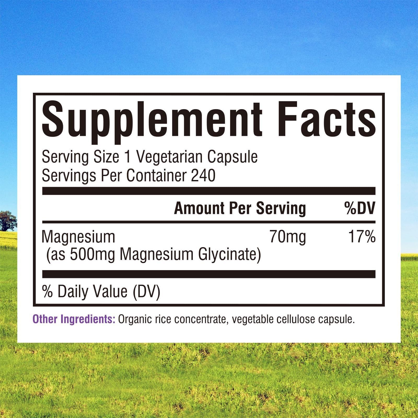Capsules close-up shows 70 mg elemental magnesium per capsule for daily needs.