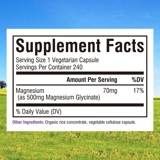 Capsules close-up shows 70 mg elemental magnesium per capsule for daily needs.